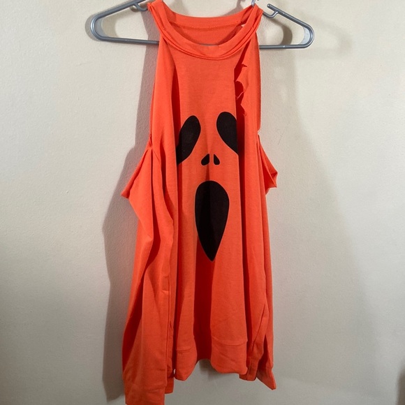 New Orange Pumpkin Scream Shirt Long Cut Out Halloween Plus cold shoulder 14 1XL - Picture 2 of 8